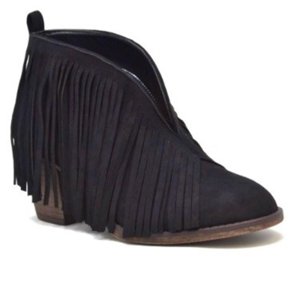 Black Suede Fringe Booties Ankle Boots - Picture 1 of 6